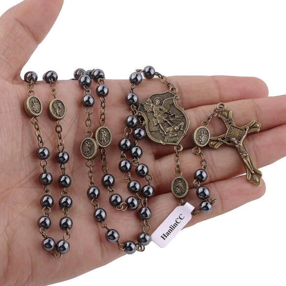 Saint Michael Hematite Black Beads Catholic Rosary Necklace with Gold Plated Met - Picture 5 of 9